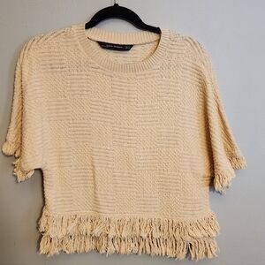 Zara Tan Fringe Pullover Sweater Shirt Top Size XS